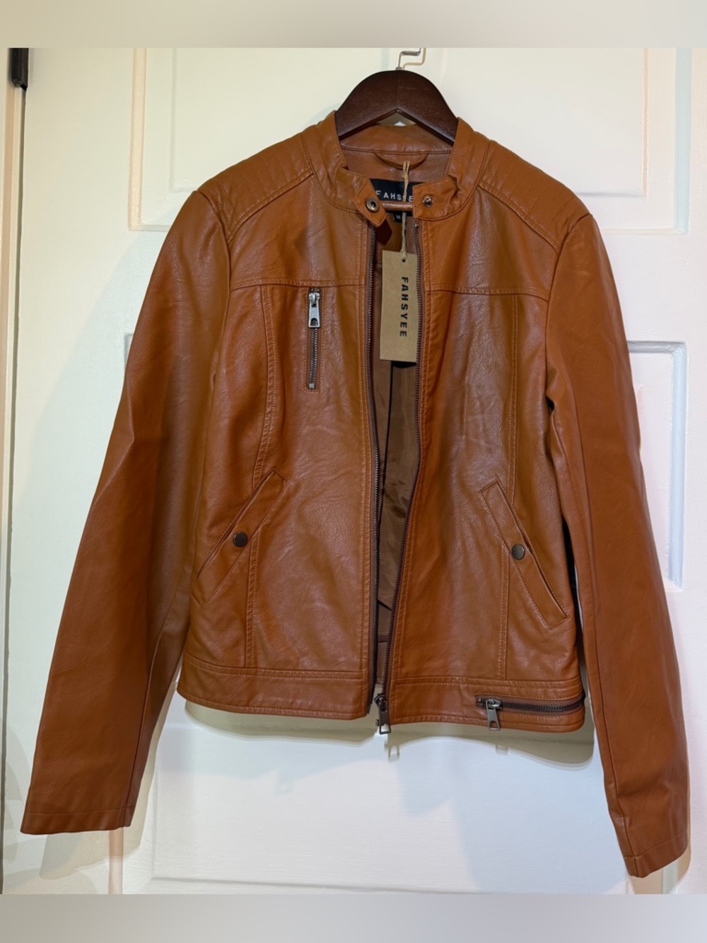 Faux Leather Women's Jacket in Tan Brown by Fansyee
